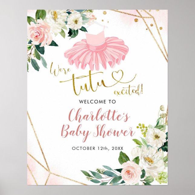 Gold Blush Ballerina Tutu Baby Shower Welcome Sign (Front)