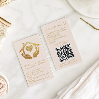 Gold Blush Cleaning Service Maid QR Code Logo Business Card