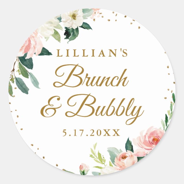 Gold Blush Floral Brunch And Bubbly Classic Round Sticker (Front)
