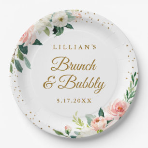 Gold Blush Floral Brunch And Bubbly Paper Plate