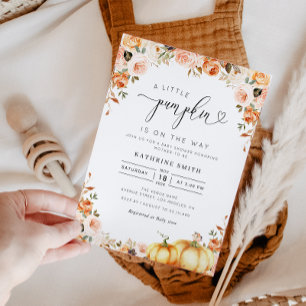 gold blush floral little pumpkin baby shower invitation