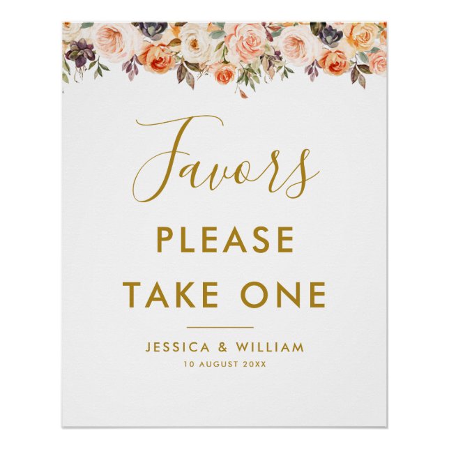 gold blush flowers Favours sign (Front)