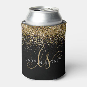 Gold Blush Glitter Glam Monogram Name Can Cooler
