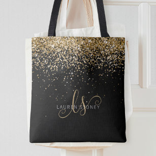 Gold Blush Glitter Glam Monogram Name Tote Bag