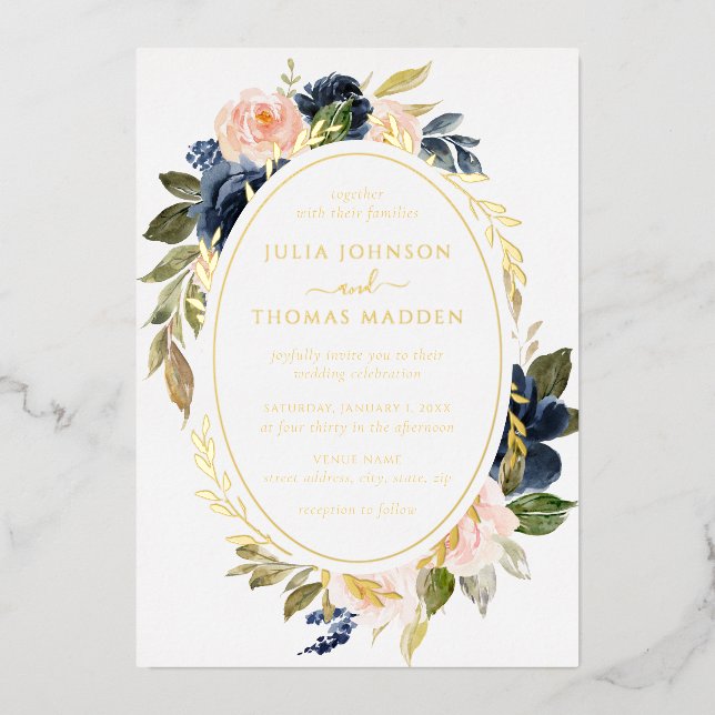Gold Blush Navy Wedding Floral Foliage  (Front)