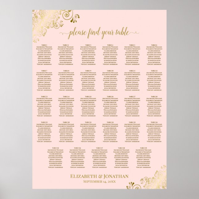 Gold & Blush Pink 29 Table Wedding Seating Chart (Front)