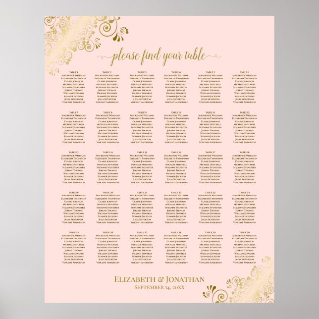 Gold & Blush Pink 30 Table Wedding Seating Chart (Front)
