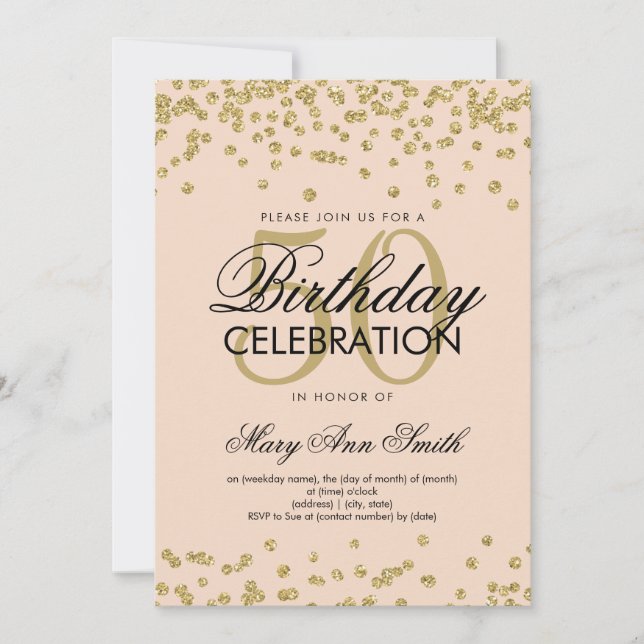 Gold Blush Pink 50th Birthday Glitter Confetti Invitation (Front)