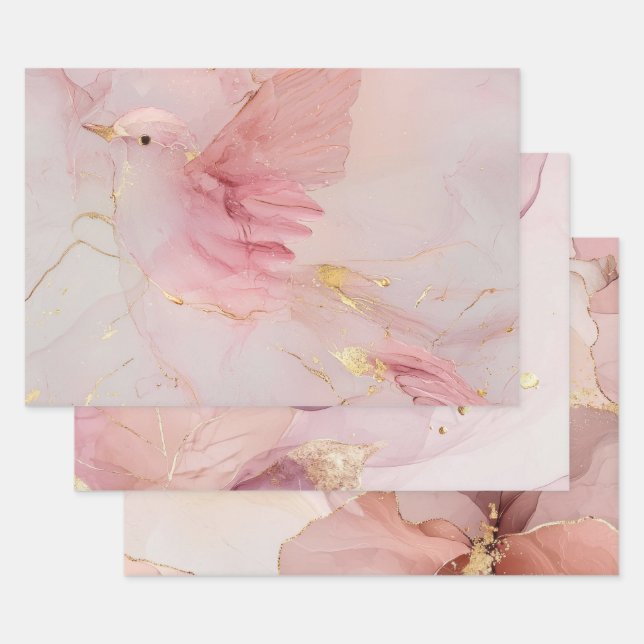 Gold Blush Pink Birds Baby Shower Wrapping Paper Sheet (Set)