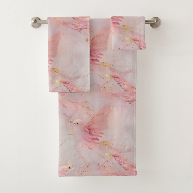 Gold Blush Pink Birds  Bath Towel Set (Insitu)