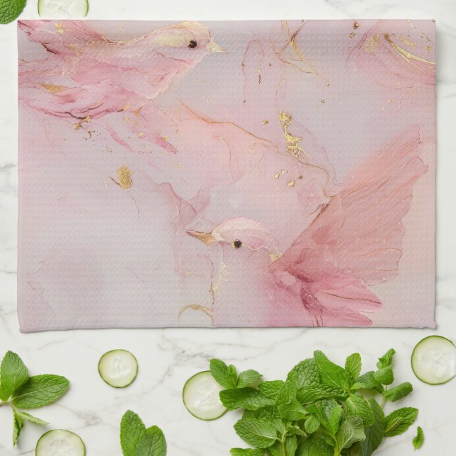 Gold Blush Pink Birds  Kitchen Towel (Folded)