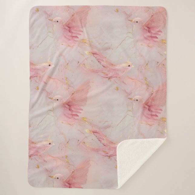Gold Blush Pink Birds  Sherpa Blanket (Front)