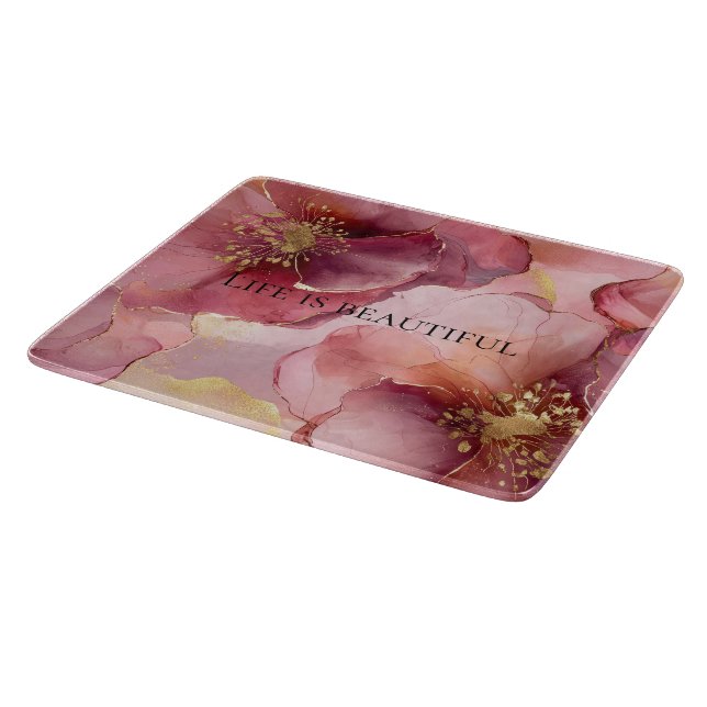 Gold Blush Pink Burgundy Floral Bridal Shower Cutting Board (Corner)