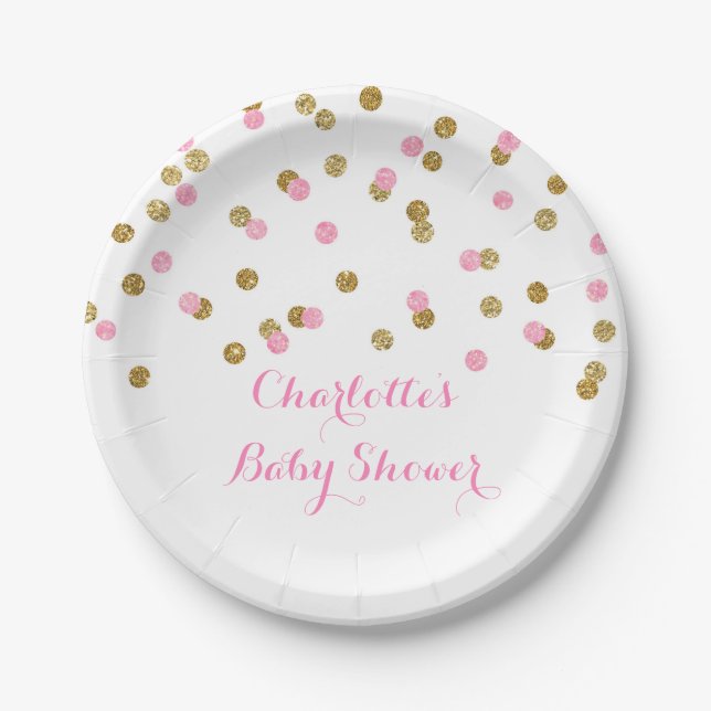 Gold Blush Pink Confetti Baby Shower Plate (Front)