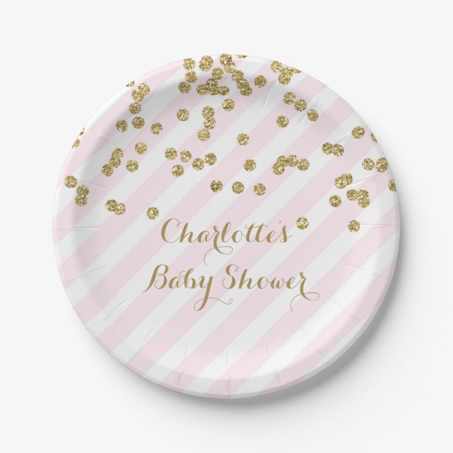 Gold Blush Pink Confetti Stripes Baby Shower Plate (Front)