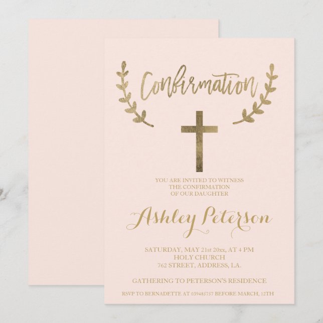 Gold blush pink elegant typography confirmation invitation (Front/Back)