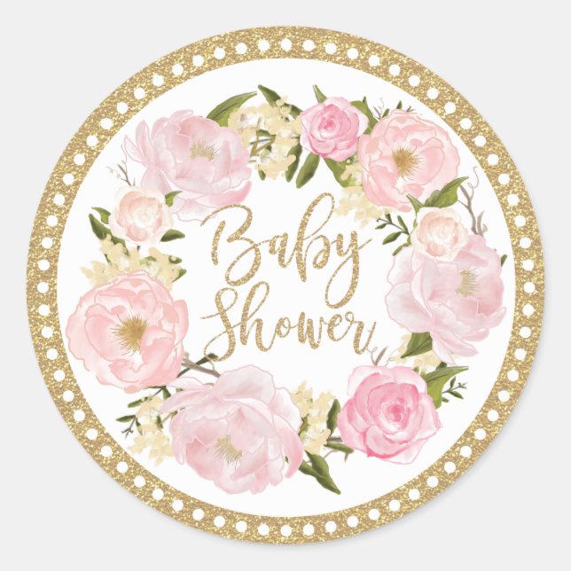 Gold Blush Pink Floral Baby Shower Favour Sticker (Front)