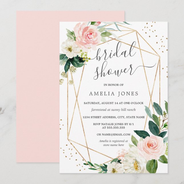 Gold Blush Pink Floral Bridal Shower Invitation (Front/Back)