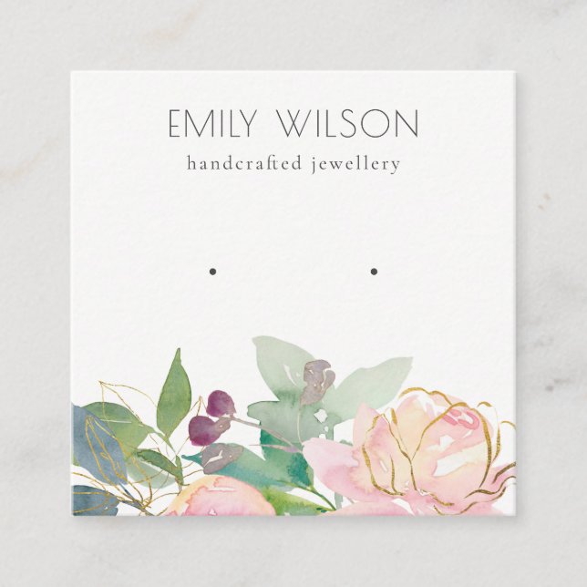 Gold Blush Pink Floral Bunch Earring Display Square Business Card (Front)