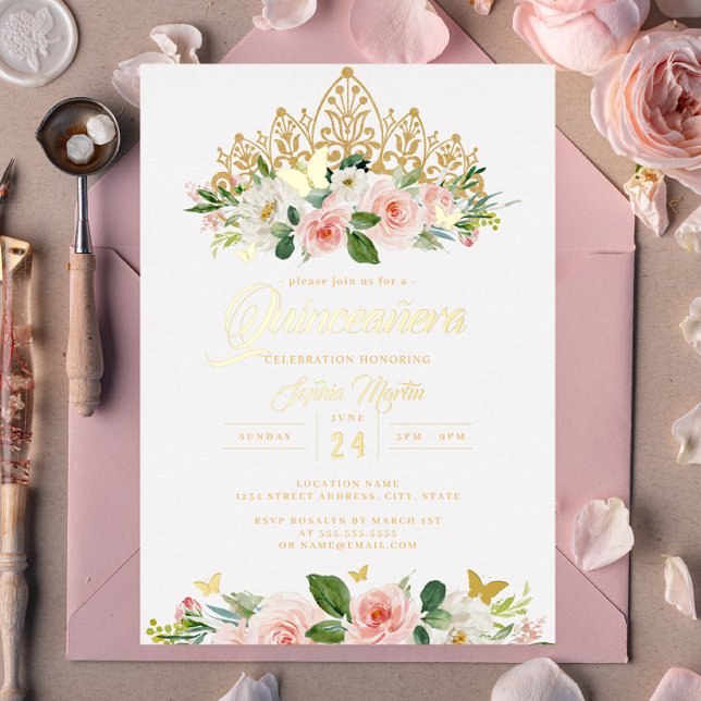 Gold Blush Pink Floral Butterfly Tiara Quinceanera (Creator Uploaded)