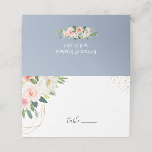 Gold Blush Pink Floral Dusty Blue Wedding Place Card