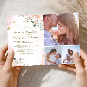 Gold Blush Pink Floral Photo QR Code Wedding Invitation