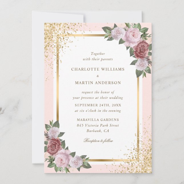 Gold Blush Pink Frame Confetti Floral Wedding Invitation (Front)