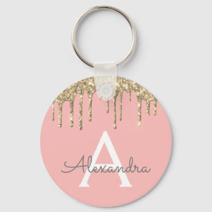 Gold Blush Pink Girly Sparkly Glitter Monogram Keychain
