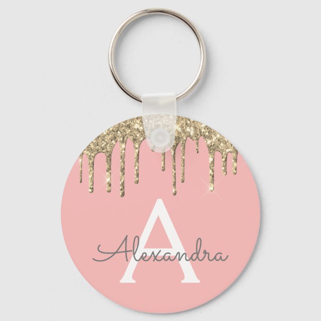 Gold Blush Pink Girly Sparkly Glitter Monogram Keychain (Front)