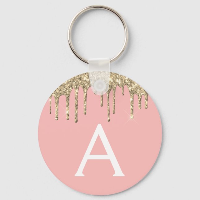 Gold Blush Pink Girly Sparkly Glitter Monogram Keychain (Front)