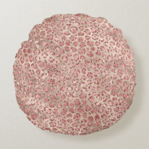 Gold Blush Pink Glitzy Glitter Leopard Print Round Pillow