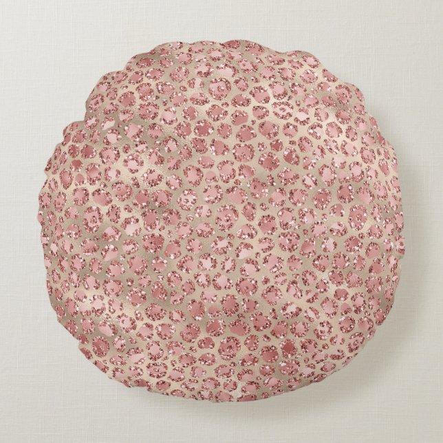 Gold Blush Pink Glitzy Glitter Leopard Print Round Pillow (Front)