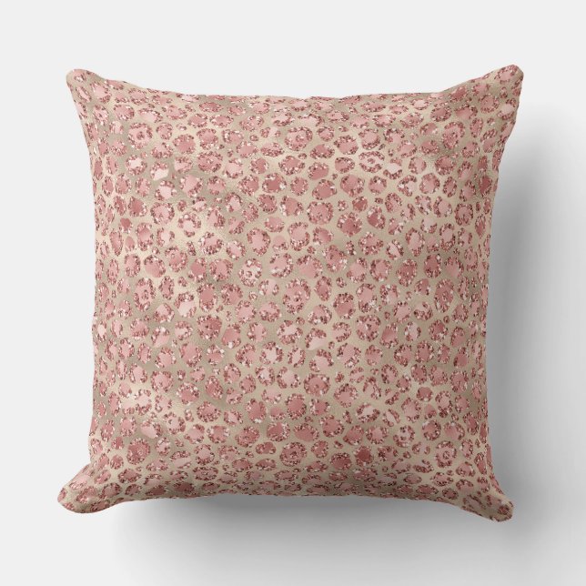 Gold Blush Pink Glitzy Glitter Leopard Print Throw Pillow (Front)
