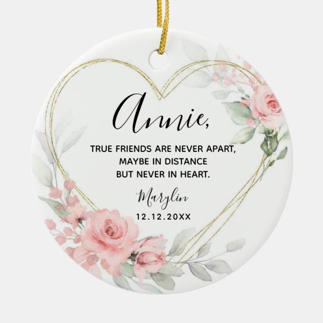 Gold Blush Pink Heart Geometric Best Friend Ceramic Ornament (Front)