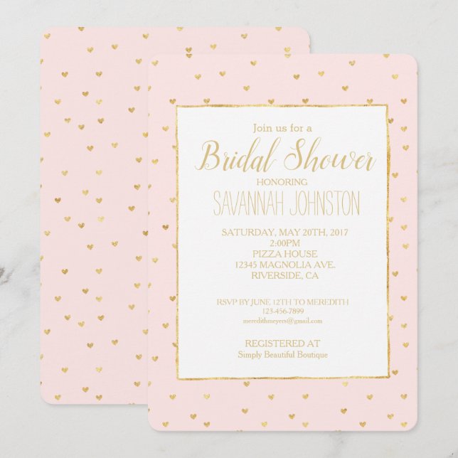 Gold Blush Pink Little Hearts Bridal Shower Invitation (Front/Back)