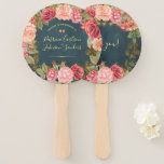 Gold blush pink peach roses on navy wedding favour hand fan<br><div class="desc">Luxury elegant style wedding favour hand fan template on dark midnight navy blue chalkboard featuring big peach, pink, blush and dusty rose peony flowers and string lights with editable faux gold calligraphy script. Easy to personalize with your details! You can choose to customize it further changing fonts and colours of...</div>