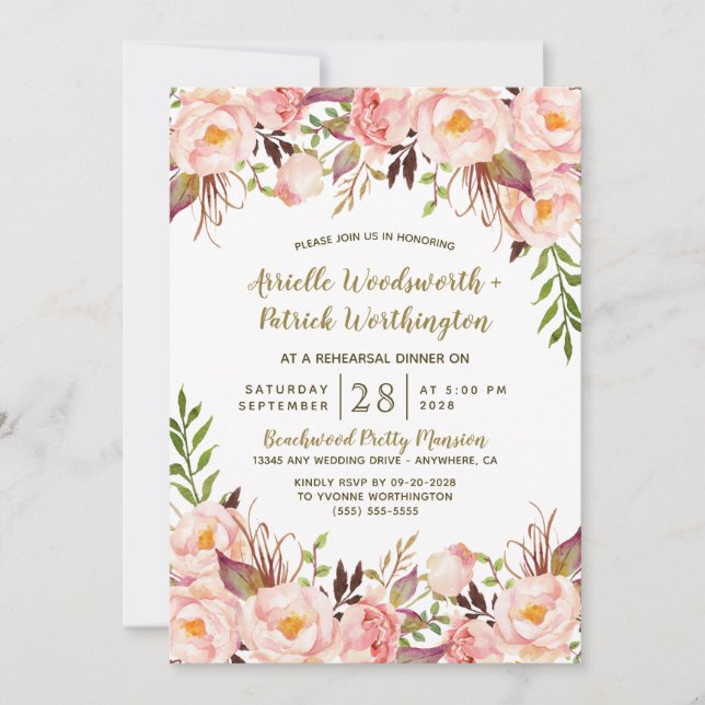 Gold Blush Pink Peony Rehearsal Dinner Invitations (Front)