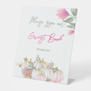 Gold Blush Pink Pumpkin Guest Book Baby Shower Pedestal Sign