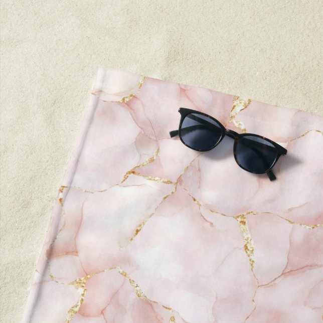 Gold Blush Pink Rose Petals Floral   Beach Towel (In Situ)