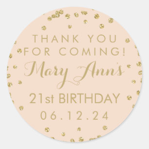 Gold Blush Pink Thank You 21st Birthday Confetti Classic Round Sticker