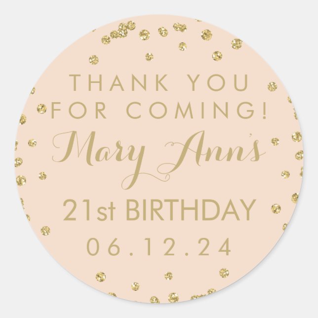 Gold Blush Pink Thank You 21st Birthday Confetti Classic Round Sticker (Front)
