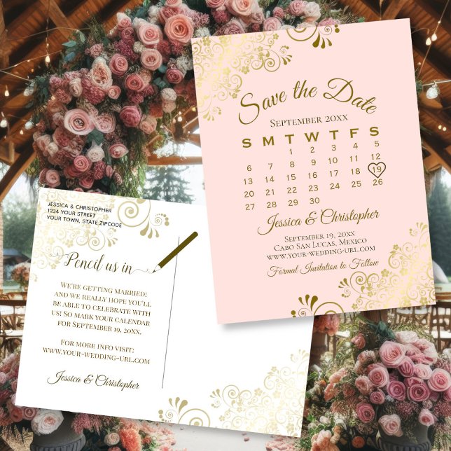Gold & Blush Pink Wedding Save the Date Calendar Announcement Postcard (Front/Back)