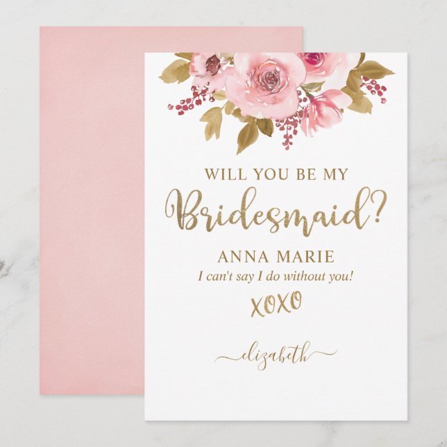 Gold Blush Pink Will You Be My Bridesmaid?  Invitation (Front/Back)