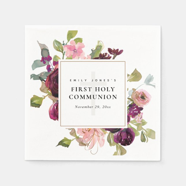 GOLD BLUSH RED ROSE FLORAL FIRST HOLY COMMUNION NAPKIN (Front)