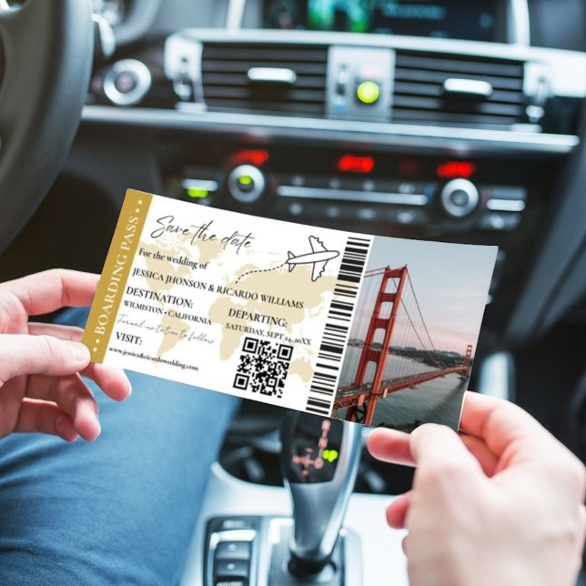 Gold  Boarding pass wedding save the date ticket Invitation (Creator Uploaded)