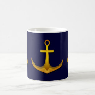 Gold Boat Anchor on Navy Blue Nautical Sea Theme Coffee Mug