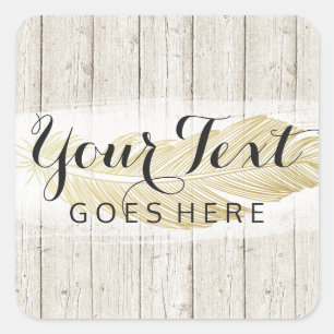 Gold Bohemian Feather on Rustic Wood Boards Square Sticker
