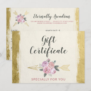Gold Bohemian Floral Arrow Gift Certificate Card