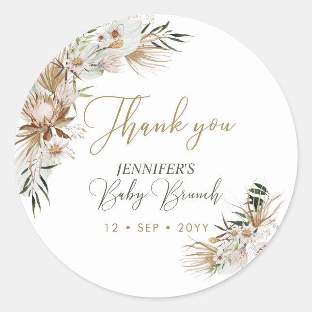 Gold Boho/Bohemian Baby Brunch Thank you Classic Round Sticker (Front)