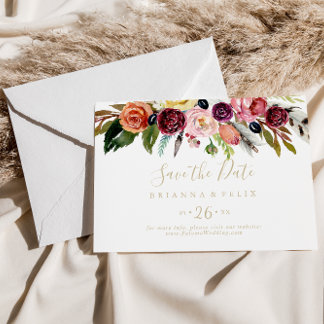 Gold Boho Floral Horizontal Wedding Save The Date